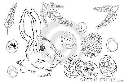 Easter. Linear rabbit image. Black and white image, isolated. Coloring for children. Stock Photo